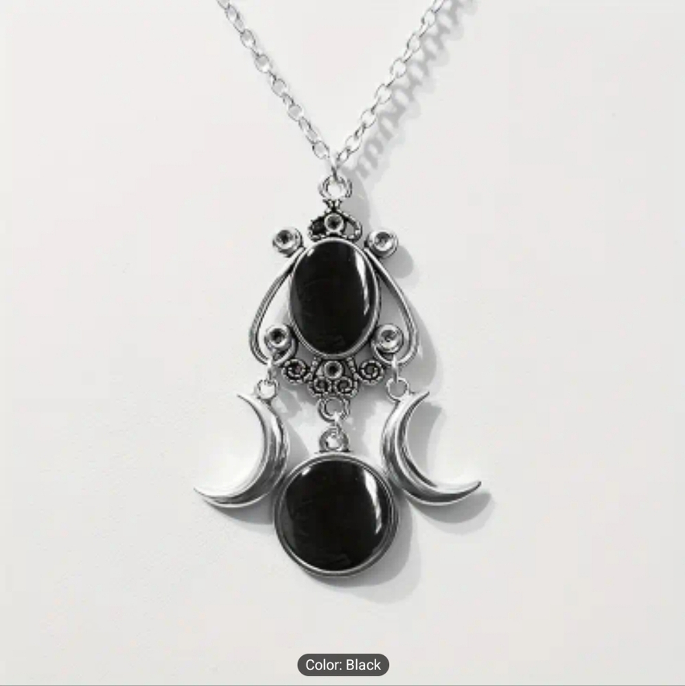NEW Triple Moon Goddess Witchy Necklace Black Stones Boho Witchy - Picture 2 of 6